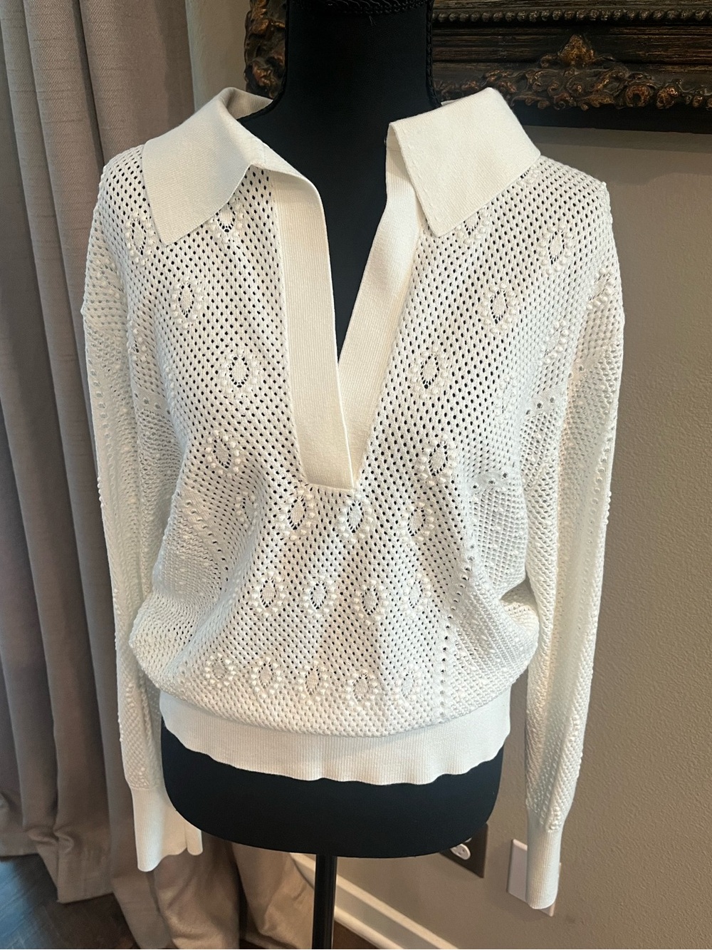 White House Black Market White Open Pointelle Knit V-Neck Polo Sweater